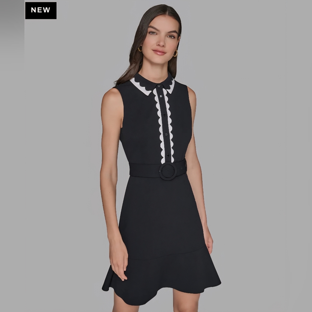 KARL LAGERFELD SCUBA CREPE A-LINE DRESS WITH SCALLOP TRIM